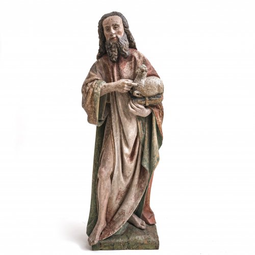 Christus als guter Hirte. Deutsch, um 1600. Holz, Farbfassung. Besch. H. 108 cm.