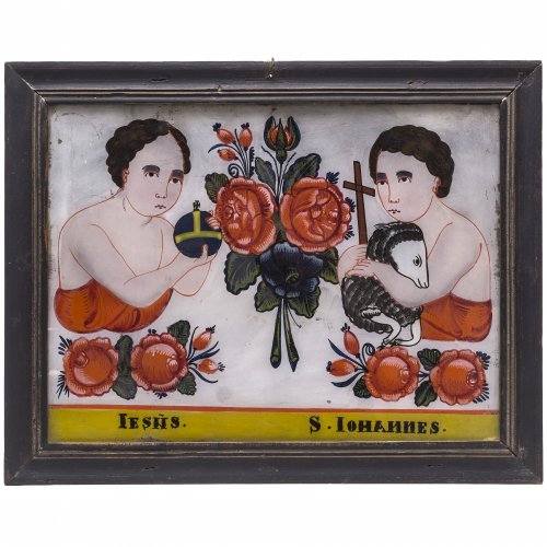 Hinterglasbild. Sandl/Buchers, 19. Jh. Jesus- und Johannesknabe mit Blütenbouquet. Alterungsspuren. 29 x 39 cm.