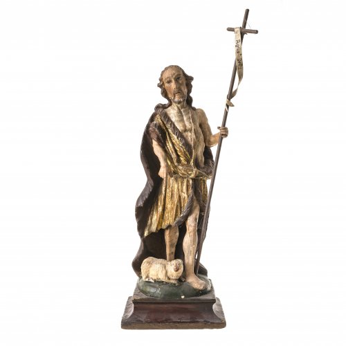 Hl. Johannes der Täufer. Holz, Farbfassung. Besch. H. 47 cm.