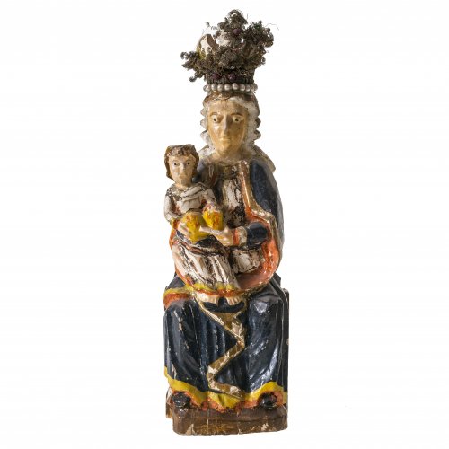 Gnadenmadonna von Maria Zell. Österreich, 18./19. Jh. Holz, farbig gefasst, Krone mit Glasperlen und Draht verziert. Besch. H. 26 cm.