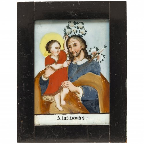 Hinterglasbild. Seehausen, Werkstatt Fam. Gege, um 1850. Hl. Josef mit dem Jesuskind. Tempera/Glas. Farbabrieb, rest. Alter, geschwärzter Rahmen, Rückwand erg. 26 x 19 cm.