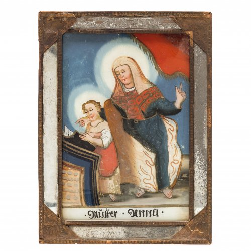 Hinterglasbild. Seehausen/Staffelseegebiet, um 1820. Mutter Anna lehrt Maria das Lesen. Tempera/Glas. Farbabrieb. 17 x 11,5 cm.