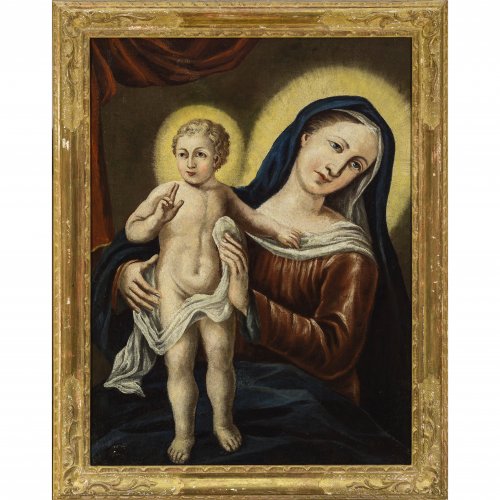 Süddeutsch, 18. Jh. Maria mit dem Jesuskind. Öl/Lw. 70 x 54 cm.  Rest., doubl. Unsign.