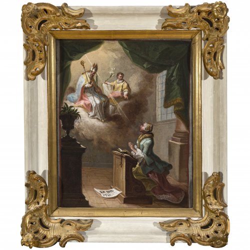 Süddeutsch, dat. 1761. Votivgemälde. Höfische Dame betet zu Marinus und Anianus. Öl/Lw./Hartfaser. 39 x 32 cm. Rest.