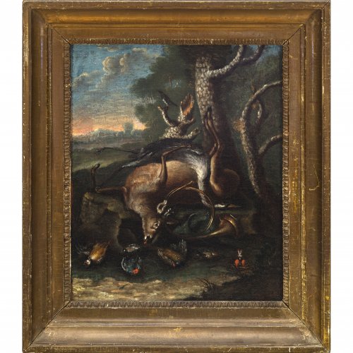 Deutsch, 18. Jh. Zwei jagdliche Stillleben mit erlegtem Hirsch bzw. Federvieh. Öl/Lw./Karton. Je 38 x 30 cm. Rest. Unsign.